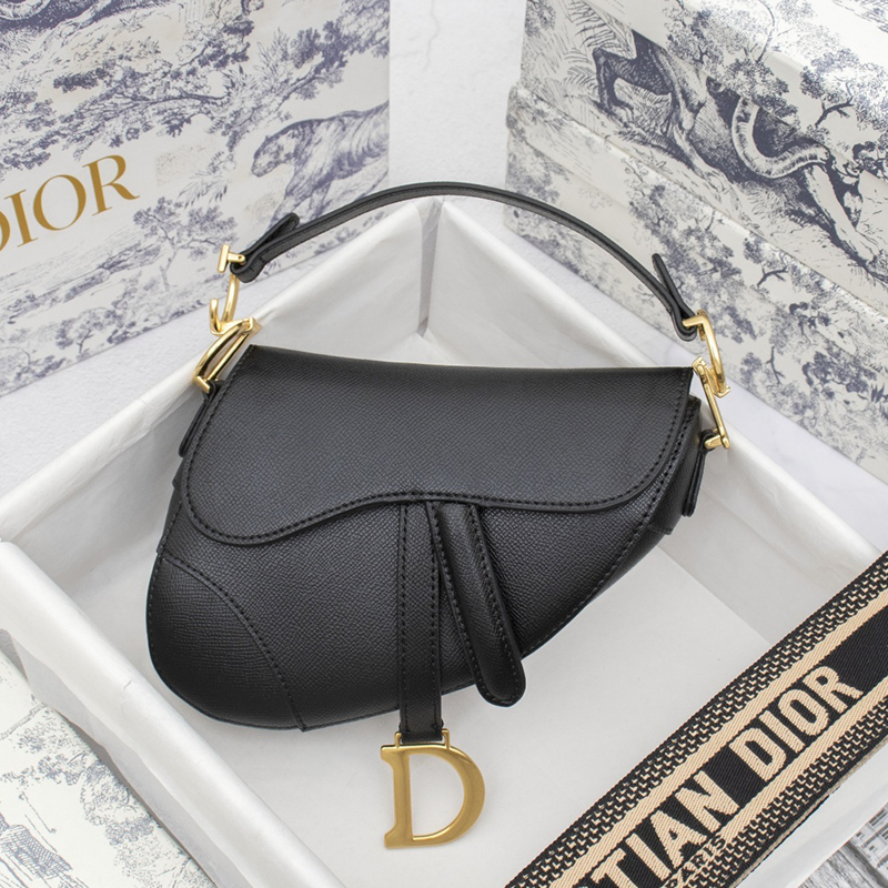 Dior Women's Bags Shoulder Bag Mini Saddle Bag Black Grained Calfskin - Bags